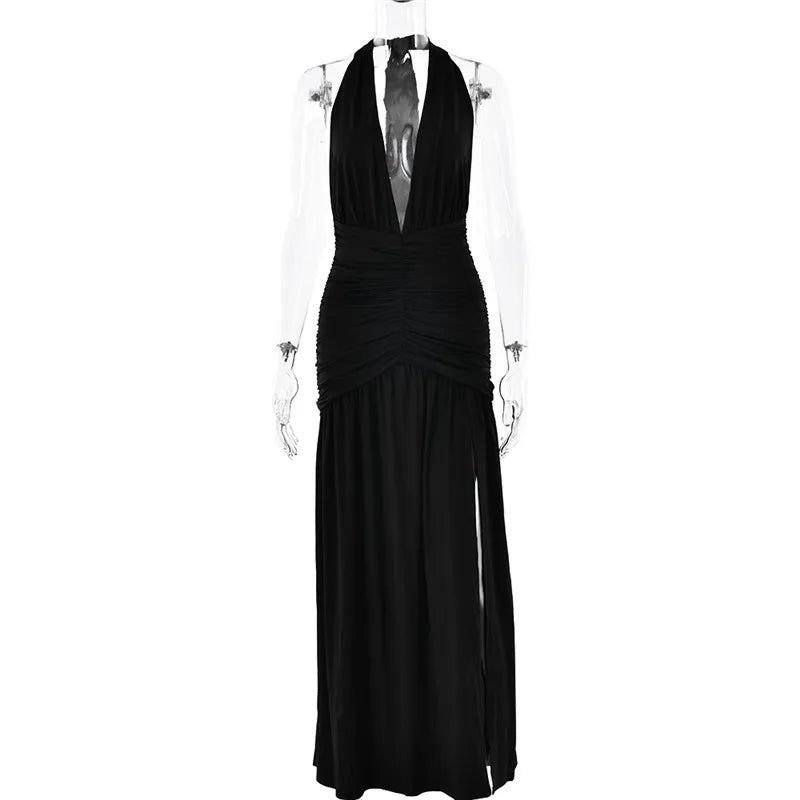 Elegant Dresses- Halter Gown Backless Plunge Slit Maxi Dress for Evening Elegance- - Chuzko Women Clothing