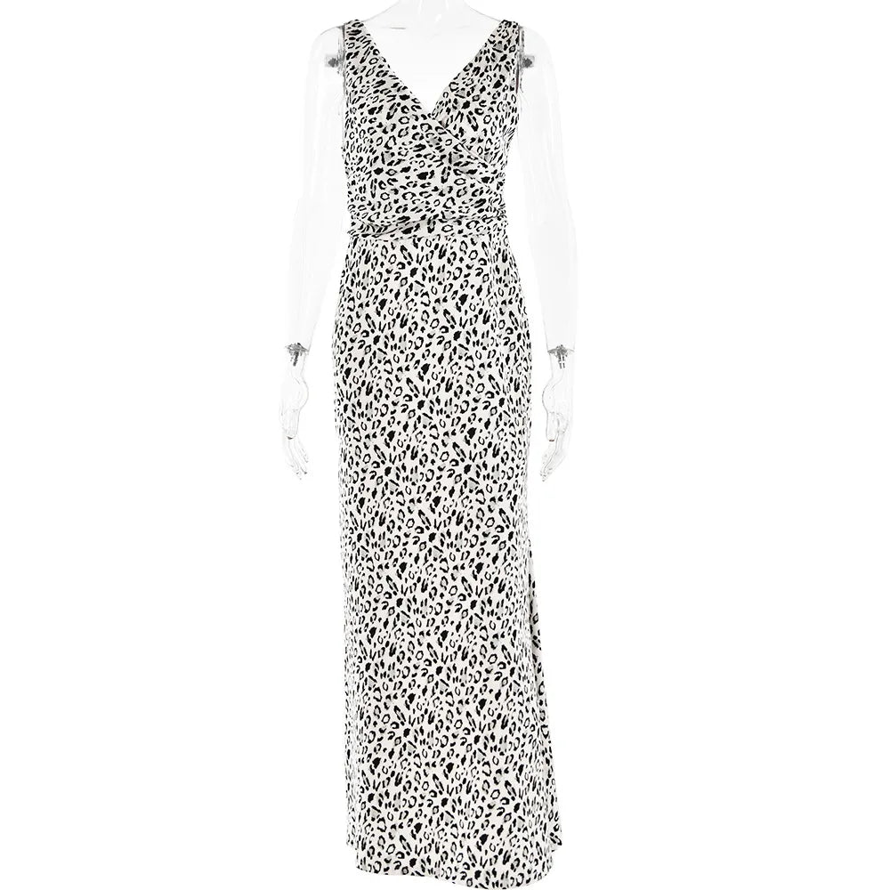 Elegant Dresses- Leopard Luxe Women's Elegant Satin Gown Mermaid Maxi Dress- - Chuzko Women Clothing