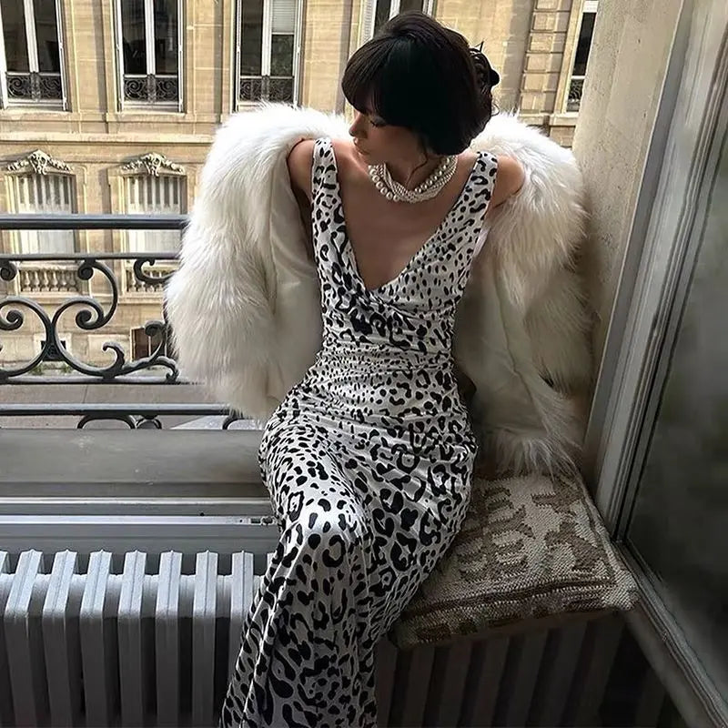 Elegant Dresses- Leopard Luxe Women's Elegant Satin Gown Mermaid Maxi Dress- - Chuzko Women Clothing