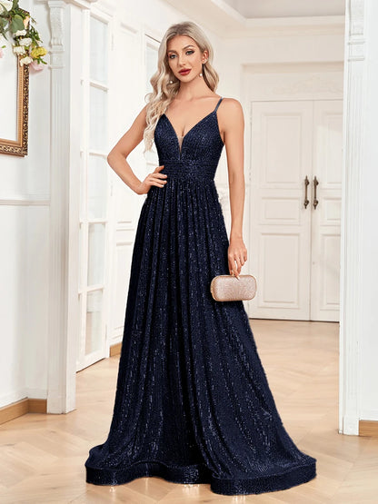 Elegant Dresses- Luxe Sequin Gown for High-End Events - Dress for Prom- Navy Blue- Chuzko Women Clothing