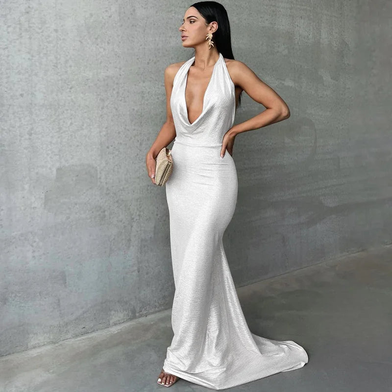 Elegant Dresses- Metallic Mermaid Gown for Formal Parties - Evening Dress- White- Chuzko Women Clothing