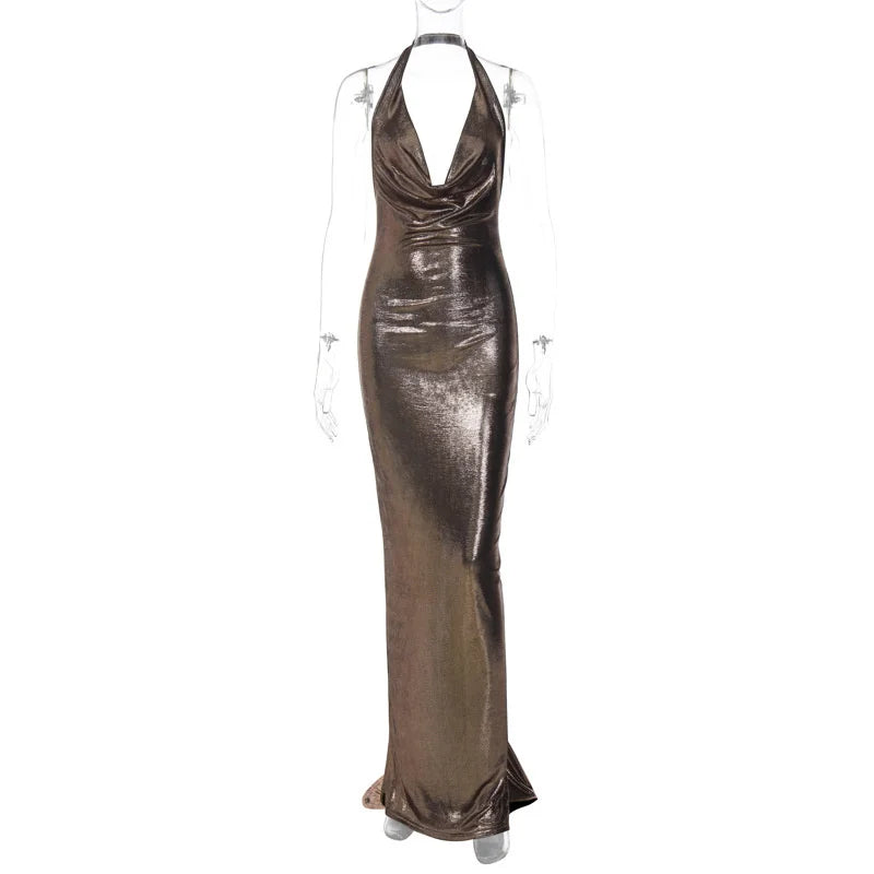 Elegant Dresses- Metallic Mermaid Gown for Formal Parties - Evening Dress- Brown- Chuzko Women Clothing