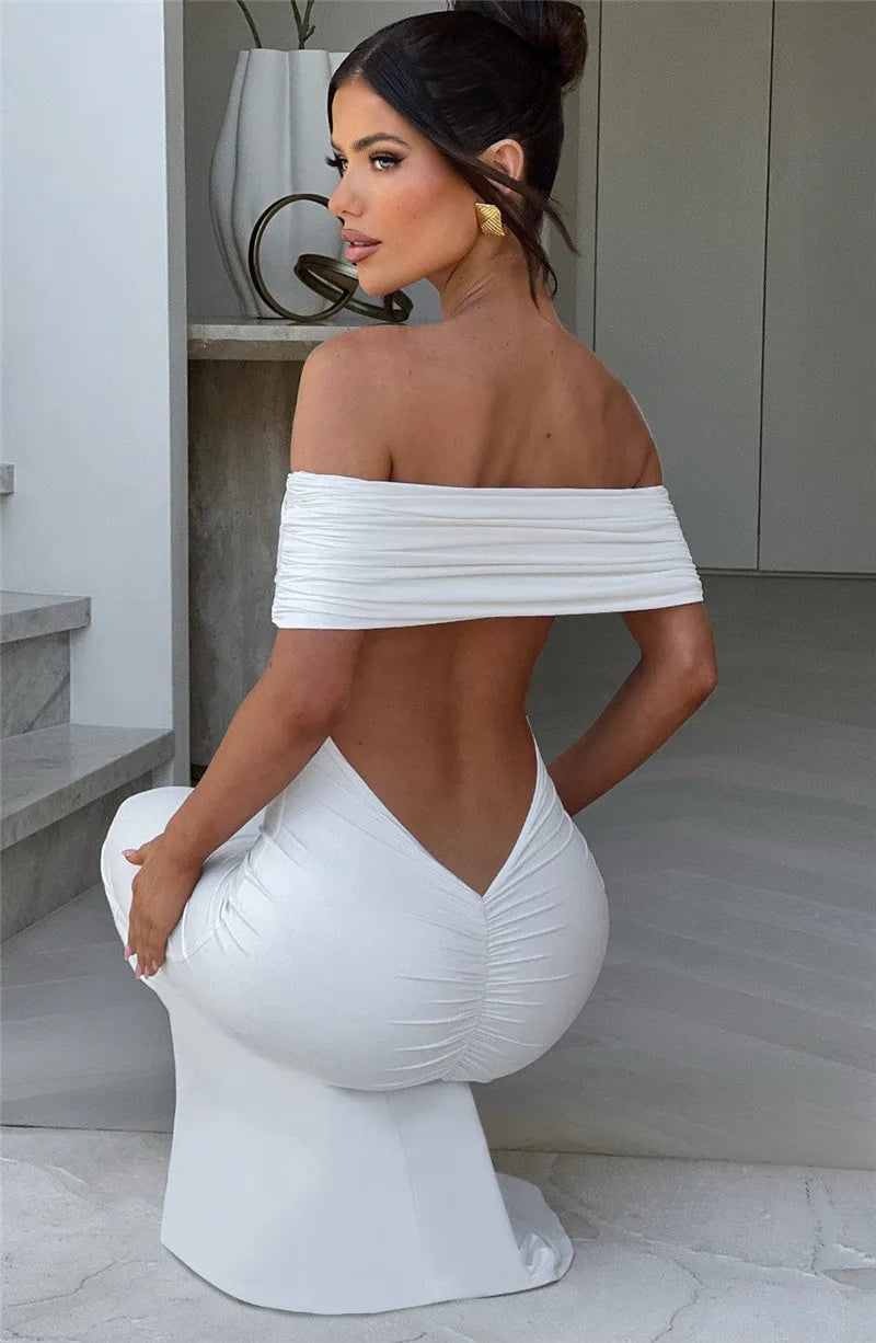 Elegant Dresses- Off-Shoulder Backless Gown - Mermaid Ruched Back Evening Dress- - Chuzko Women Clothing