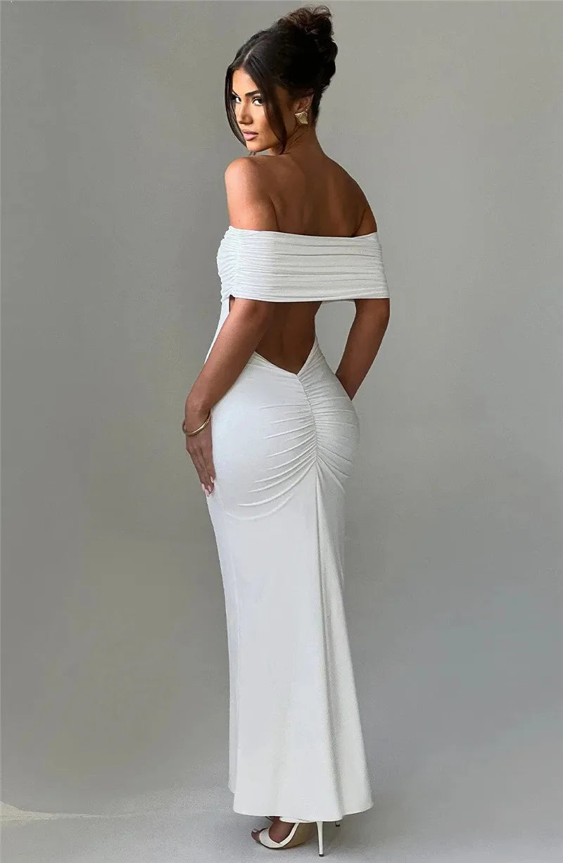 Elegant Dresses- Off-Shoulder Backless Gown - Mermaid Ruched Back Evening Dress- - Chuzko Women Clothing