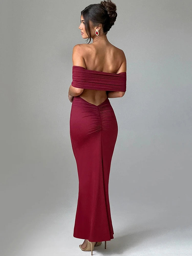 Elegant Dresses- Off-Shoulder Backless Gown - Mermaid Ruched Back Evening Dress- Wine Red- Chuzko Women Clothing