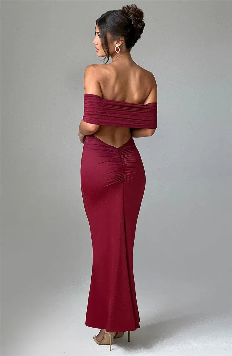 Elegant Dresses- Off-Shoulder Backless Gown - Mermaid Ruched Back Evening Dress- - Chuzko Women Clothing