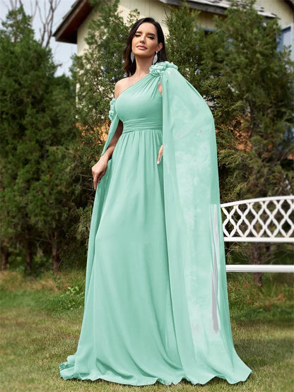 Elegant Dresses- One-Shoulder Gown for Elegant Evening - Draping Chiffon Formal Dress- Green- Chuzko Women Clothing