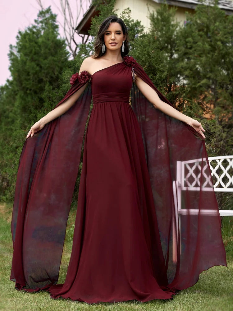 Elegant Dresses- One-Shoulder Gown for Elegant Evening - Draping Chiffon Formal Dress- Burgundy- Chuzko Women Clothing