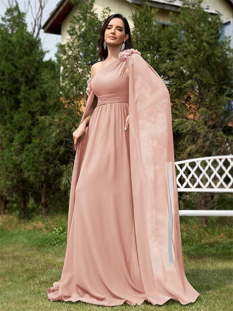 Elegant Dresses- One-Shoulder Gown for Elegant Evening - Draping Chiffon Formal Dress- Pink- Chuzko Women Clothing