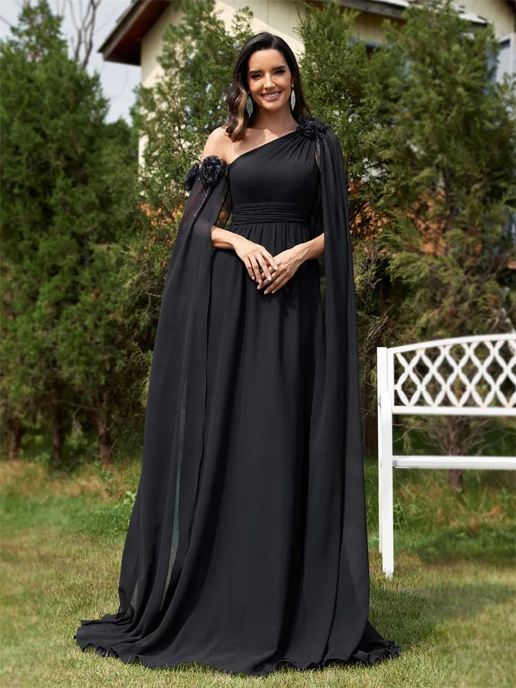 Elegant Dresses- One-Shoulder Gown for Elegant Evening - Draping Chiffon Formal Dress- Black- Chuzko Women Clothing