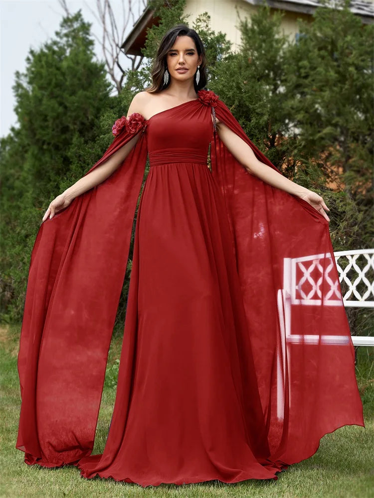 Elegant Dresses- One-Shoulder Gown for Elegant Evening - Draping Chiffon Formal Dress- Red- Chuzko Women Clothing