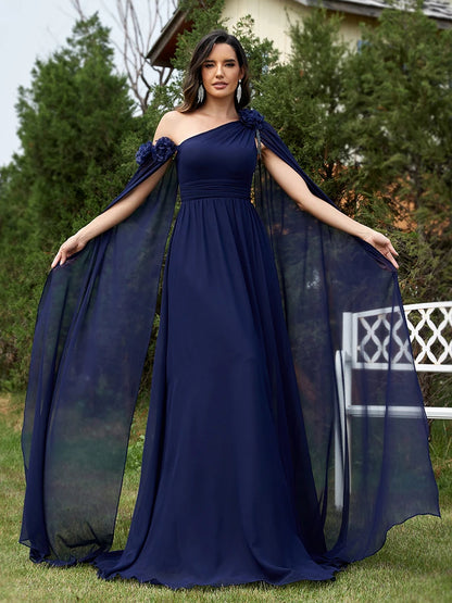 Elegant Dresses- One-Shoulder Gown for Elegant Evening - Draping Chiffon Formal Dress- Navy Blue- Chuzko Women Clothing