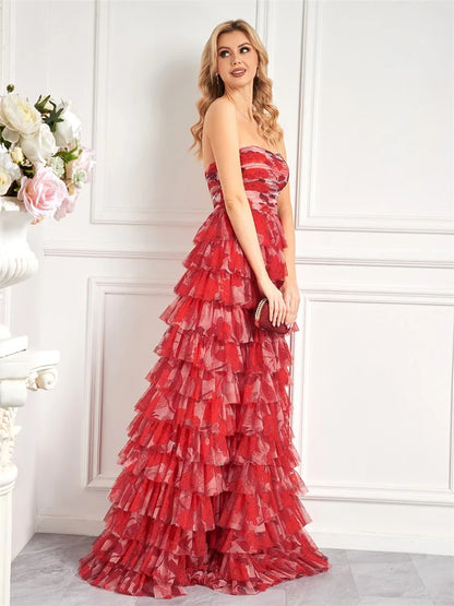 Elegant Dresses- Red Floral Tiered Dress - Chiffon Prom Dress- - Chuzko Women Clothing