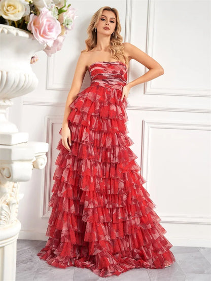 Elegant Dresses- Red Floral Tiered Dress - Chiffon Prom Dress- - Chuzko Women Clothing