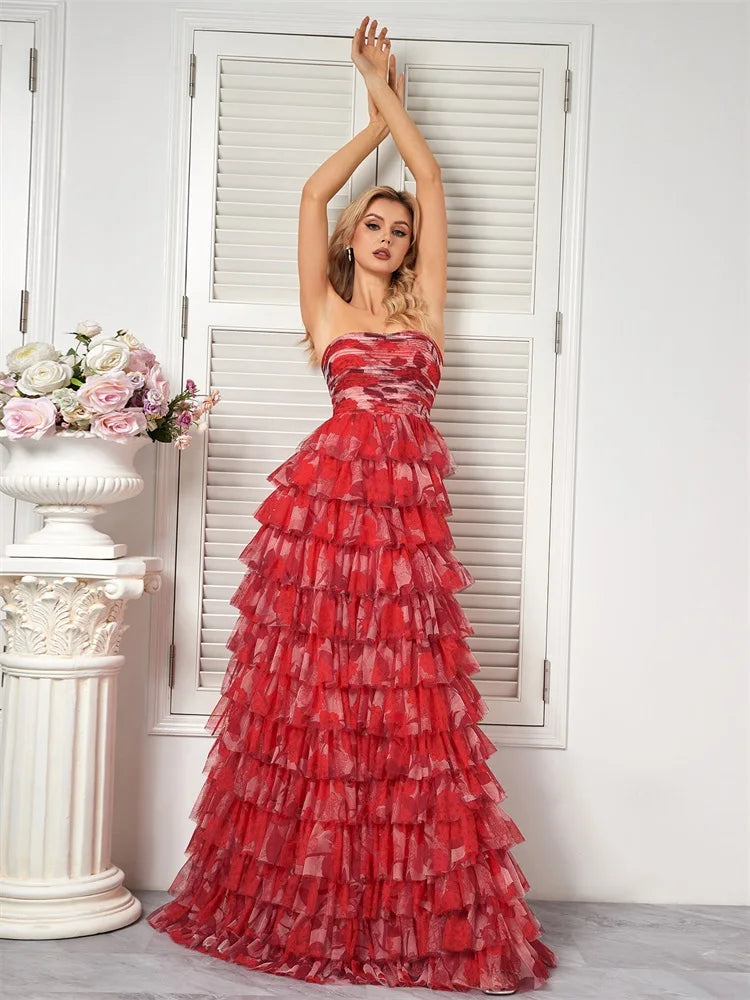 Elegant Dresses- Red Floral Tiered Dress - Chiffon Prom Dress- - Chuzko Women Clothing