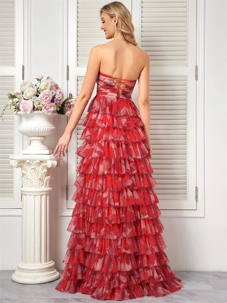 Elegant Dresses- Red Floral Tiered Dress - Chiffon Prom Dress- - Chuzko Women Clothing