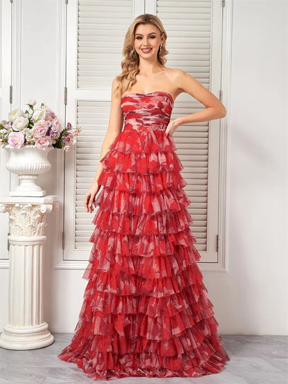 Elegant Dresses- Red Floral Tiered Dress - Chiffon Prom Dress- - Chuzko Women Clothing