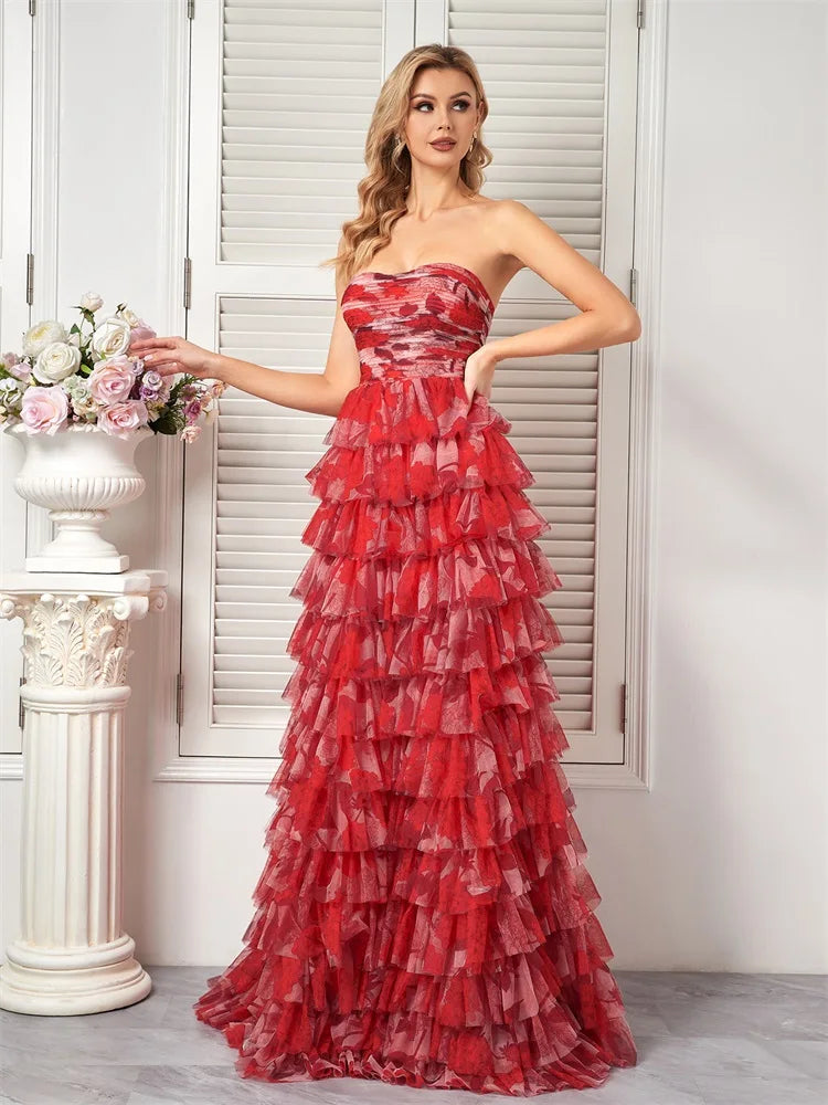 Elegant Dresses- Red Floral Tiered Dress - Chiffon Prom Dress- Red- Chuzko Women Clothing