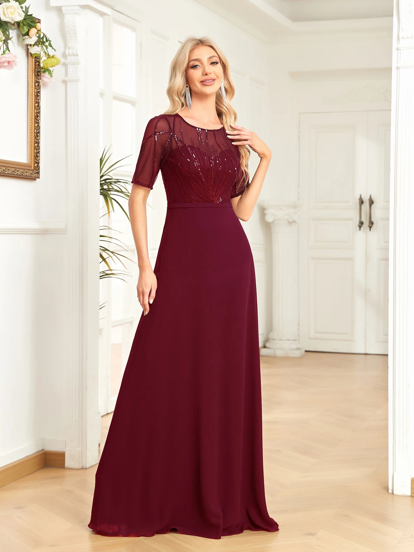 Elegant Dresses- Regal Mesh-Sleeved A-Line Gown - Floor-Length Sequin Dress- - Chuzko Women Clothing
