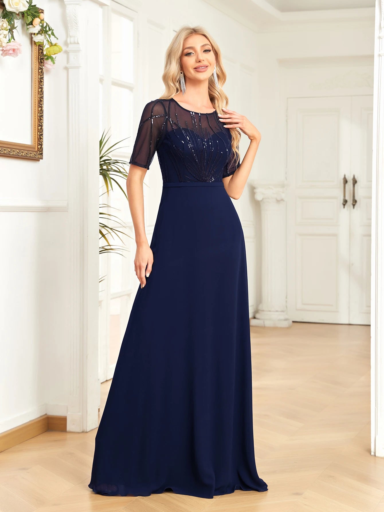 Elegant Dresses- Regal Mesh-Sleeved A-Line Gown - Floor-Length Sequin Dress- - Chuzko Women Clothing