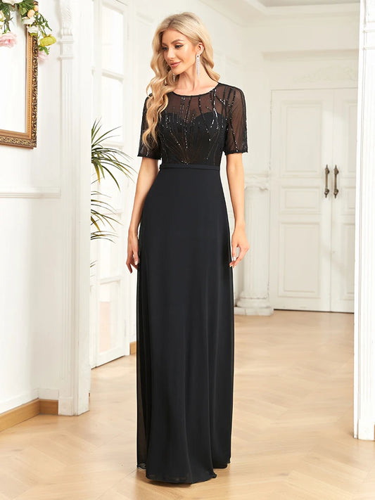 Elegant Dresses- Regal Mesh-Sleeved A-Line Gown - Floor-Length Sequin Dress- Black- Chuzko Women Clothing