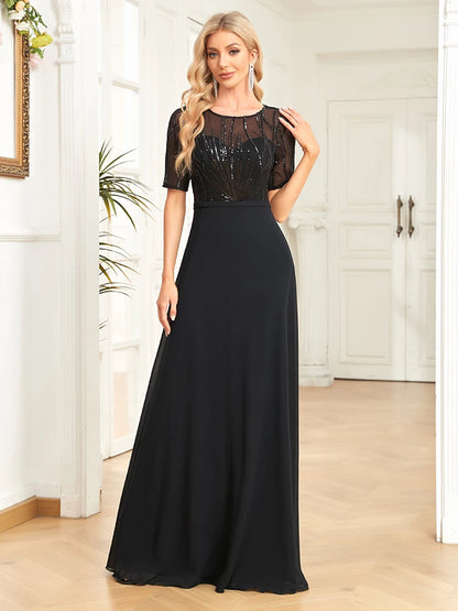 Elegant Dresses- Regal Mesh-Sleeved A-Line Gown - Floor-Length Sequin Dress- - Chuzko Women Clothing