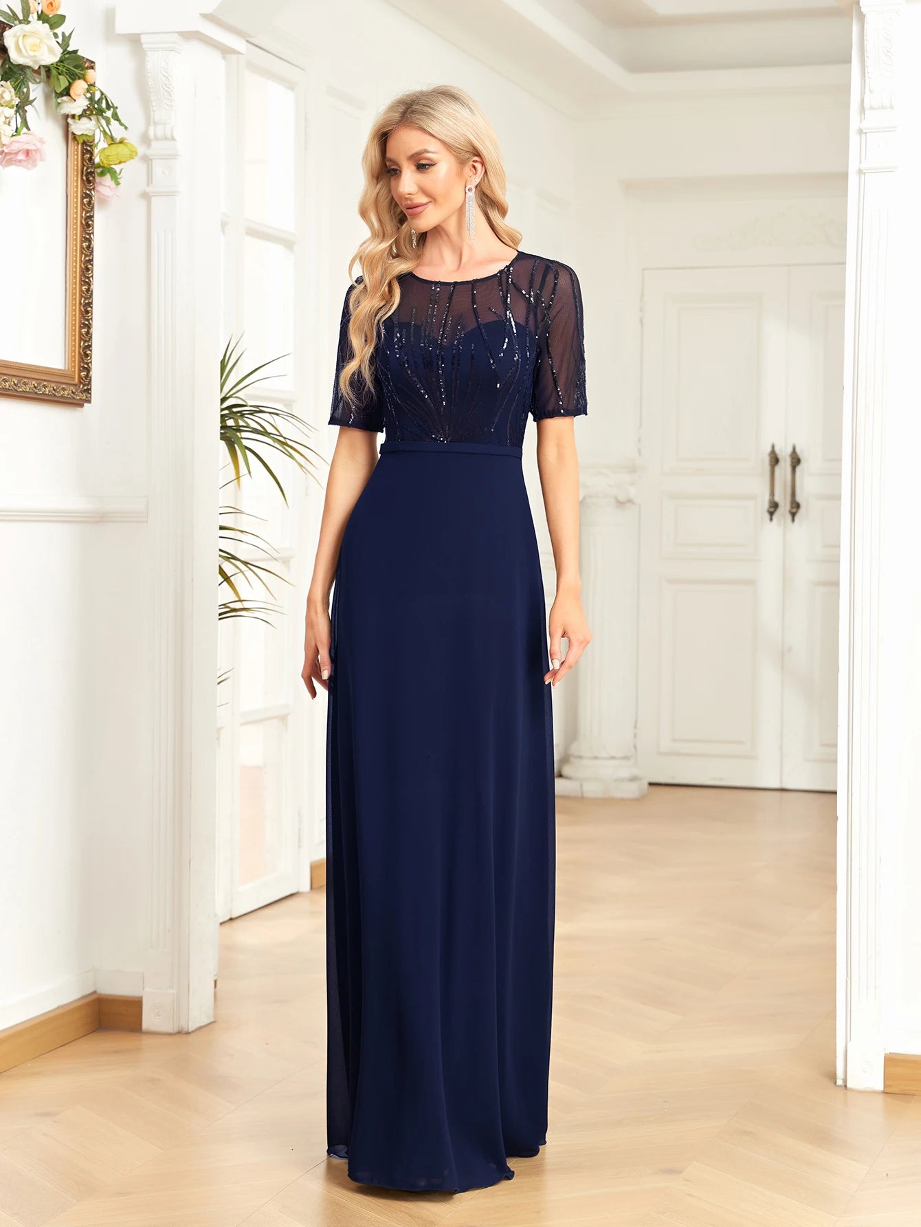 Elegant Dresses- Regal Mesh-Sleeved A-Line Gown - Floor-Length Sequin Dress- Navy Blue- Chuzko Women Clothing