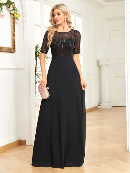 Elegant Dresses- Regal Mesh-Sleeved A-Line Gown - Floor-Length Sequin Dress- - Chuzko Women Clothing
