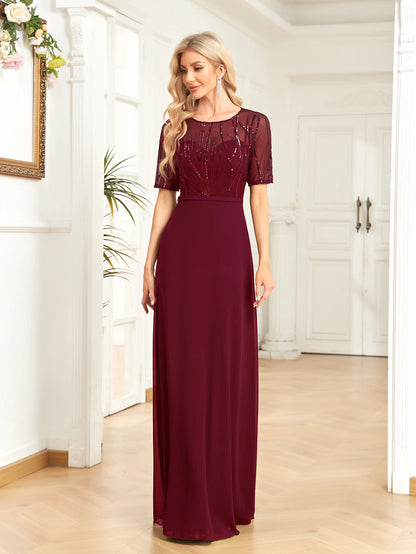Elegant Dresses- Regal Mesh-Sleeved A-Line Gown - Floor-Length Sequin Dress- Burgundy- Chuzko Women Clothing