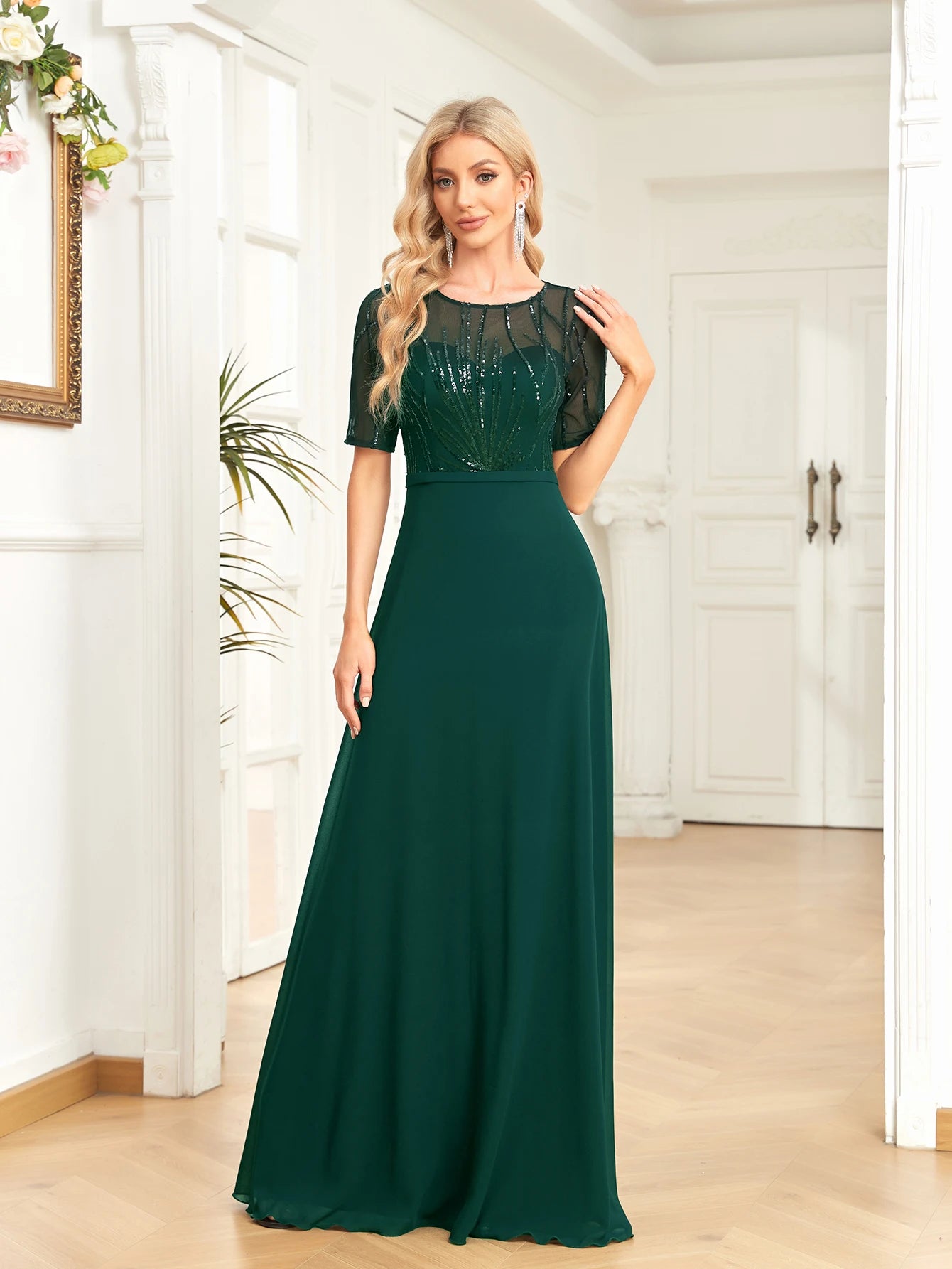 Elegant Dresses- Regal Mesh-Sleeved A-Line Gown - Floor-Length Sequin Dress- Green- Chuzko Women Clothing