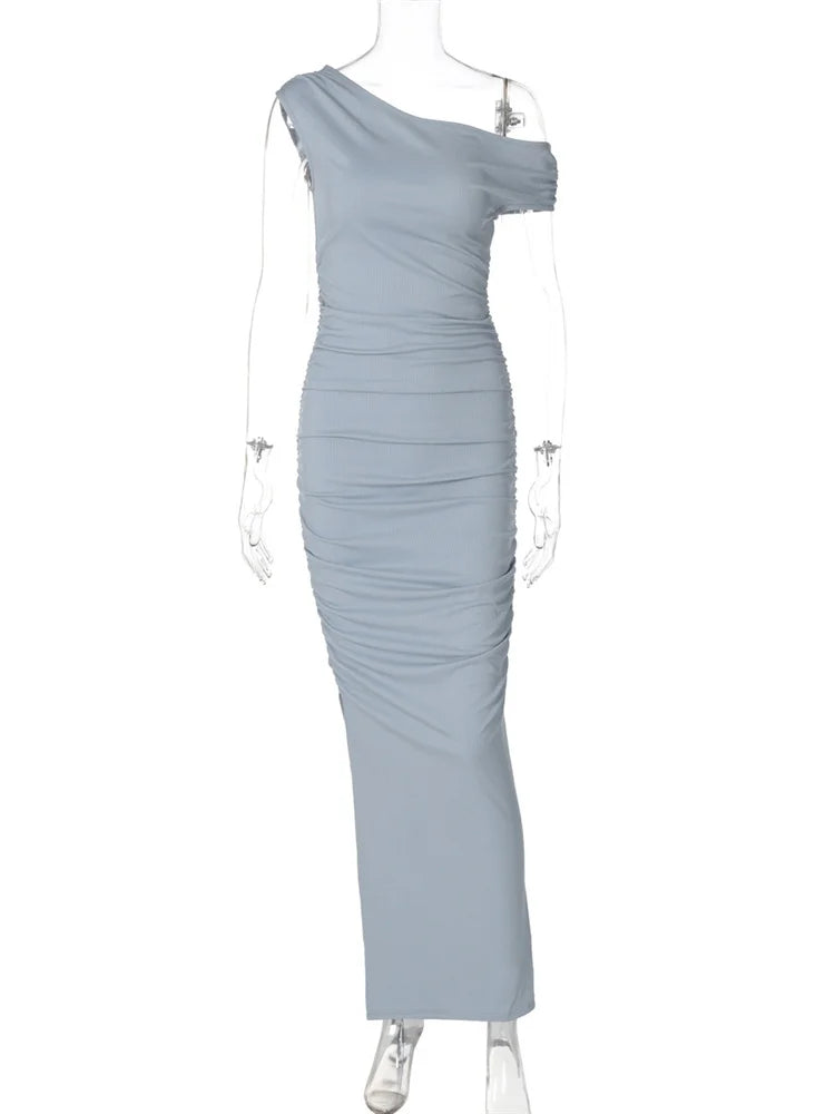 Elegant Dresses- Ruched Elegance One-Shoulder Evening Sheath Dress- - Chuzko Women Clothing
