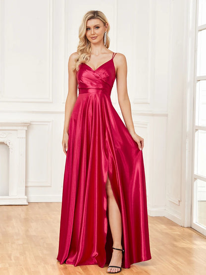 Elegant Dresses- Satin Evening Gown for Gala Events- Burgundy- Chuzko Women Clothing