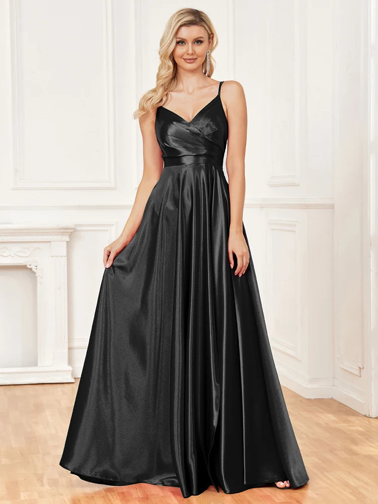 Elegant Dresses- Satin Evening Gown for Gala Events- Black- Chuzko Women Clothing