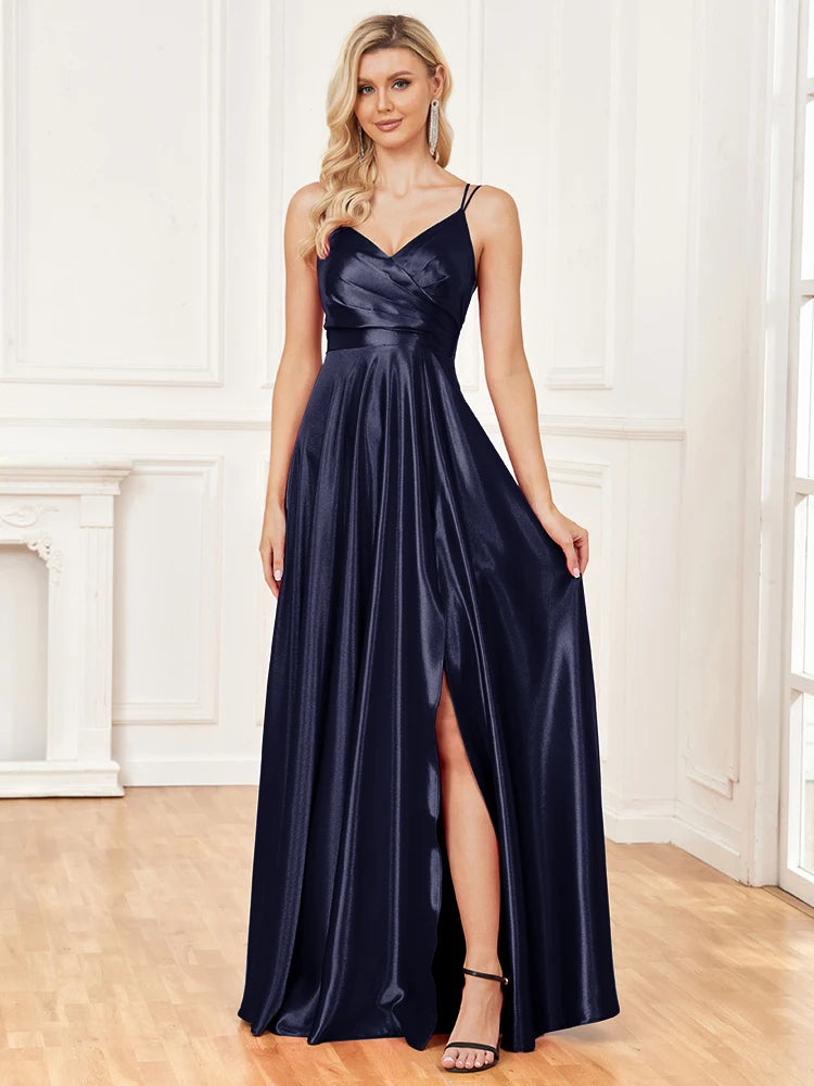 Elegant Dresses- Satin Evening Gown for Gala Events- Navy Blue- Chuzko Women Clothing