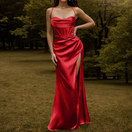Elegant Dresses- Satin Silk Finish Gown Dress for Gala & Red Carpet Events- Red- Chuzko Women Clothing