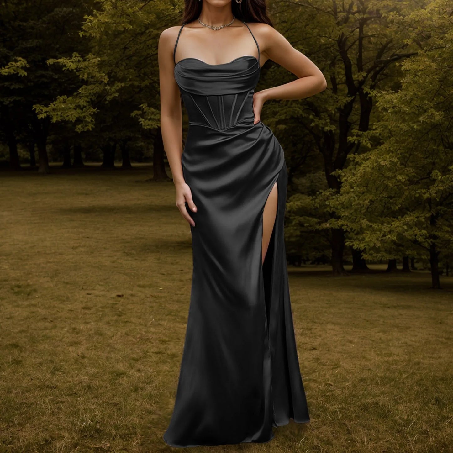 Elegant Dresses- Satin Silk Finish Gown Dress for Gala & Red Carpet Events- Black- Chuzko Women Clothing
