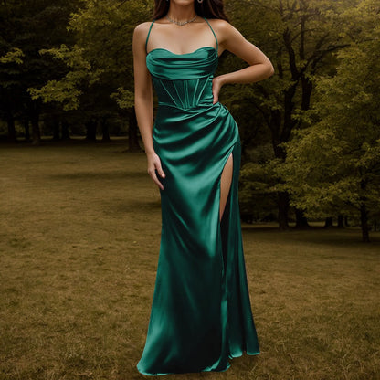 Elegant Dresses- Satin Silk Finish Gown Dress for Gala & Red Carpet Events- Green- Chuzko Women Clothing