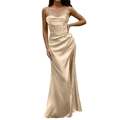 Elegant Dresses- Satin Silk Finish Gown Dress for Gala & Red Carpet Events- - Chuzko Women Clothing