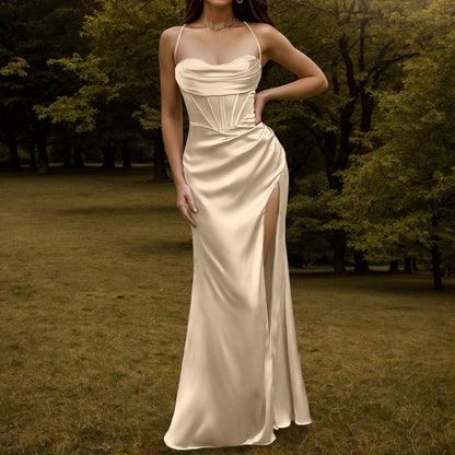 Elegant Dresses- Satin Silk Finish Gown Dress for Gala & Red Carpet Events- Beige- Chuzko Women Clothing
