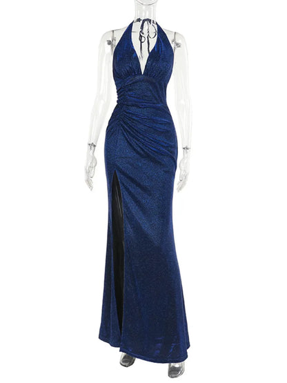 Elegant Dresses- Sparkle Halter V-Neck Mermaid Gown - Elegant Slit Evening Dress- - Chuzko Women Clothing