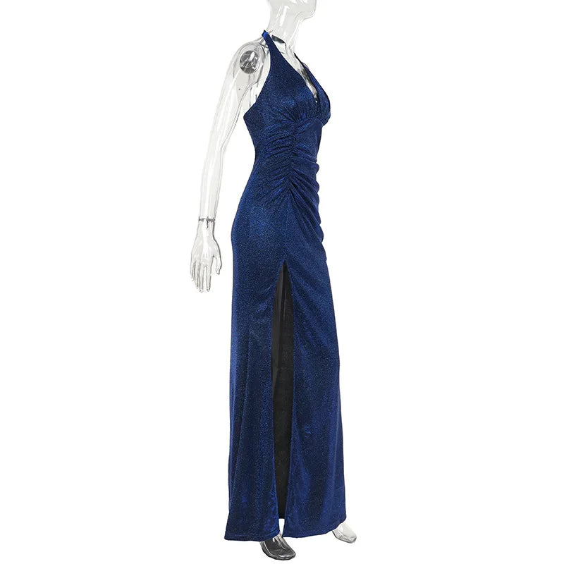 Elegant Dresses- Sparkle Halter V-Neck Mermaid Gown - Elegant Slit Evening Dress- - Chuzko Women Clothing