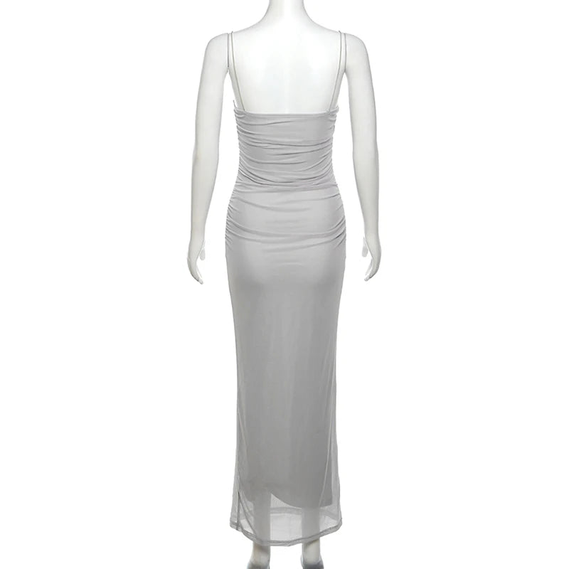 Elegant Dresses- Square-Neck Mesh Evening Gown for Gala & Wedding Events- - Chuzko Women Clothing