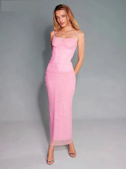 Elegant Dresses- Square-Neck Mesh Evening Gown for Gala & Wedding Events- Pink- Chuzko Women Clothing