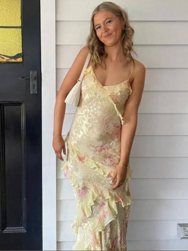 Elegant Dresses- Summer Stunner Elegant Textured Floral Maxi Dress with Overlapping Ruffle- Golden yellow- Chuzko Women Clothing