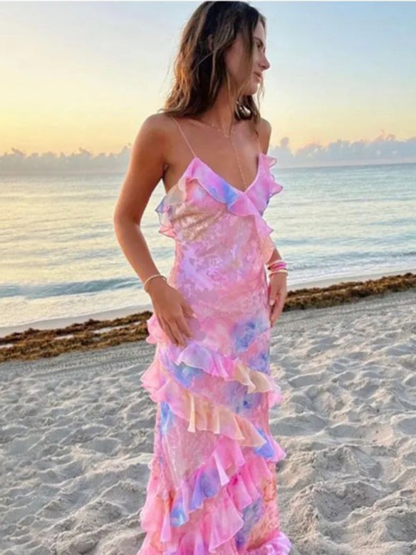 Elegant Dresses- Summer Stunner Elegant Textured Floral Maxi Dress with Overlapping Ruffle- - Chuzko Women Clothing