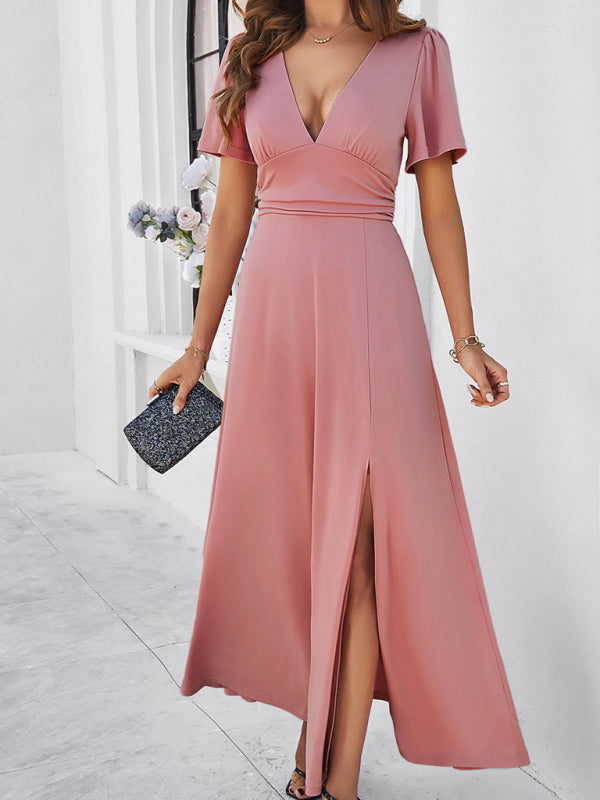 Elegant Dresses- Women Elegant A-Line Slit Maxi Dress for Wedding Guests- Pink- Chuzko Women Clothing