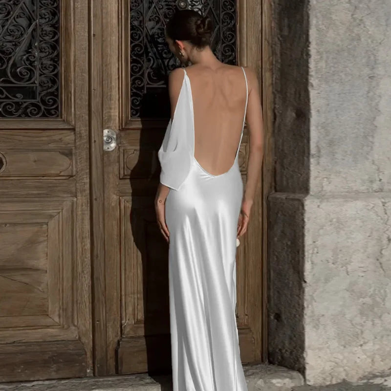 Elegant Dresses- Women's Backless Cowl Satin Trumpet Maxi Dress for Weddings- - Chuzko Women Clothing