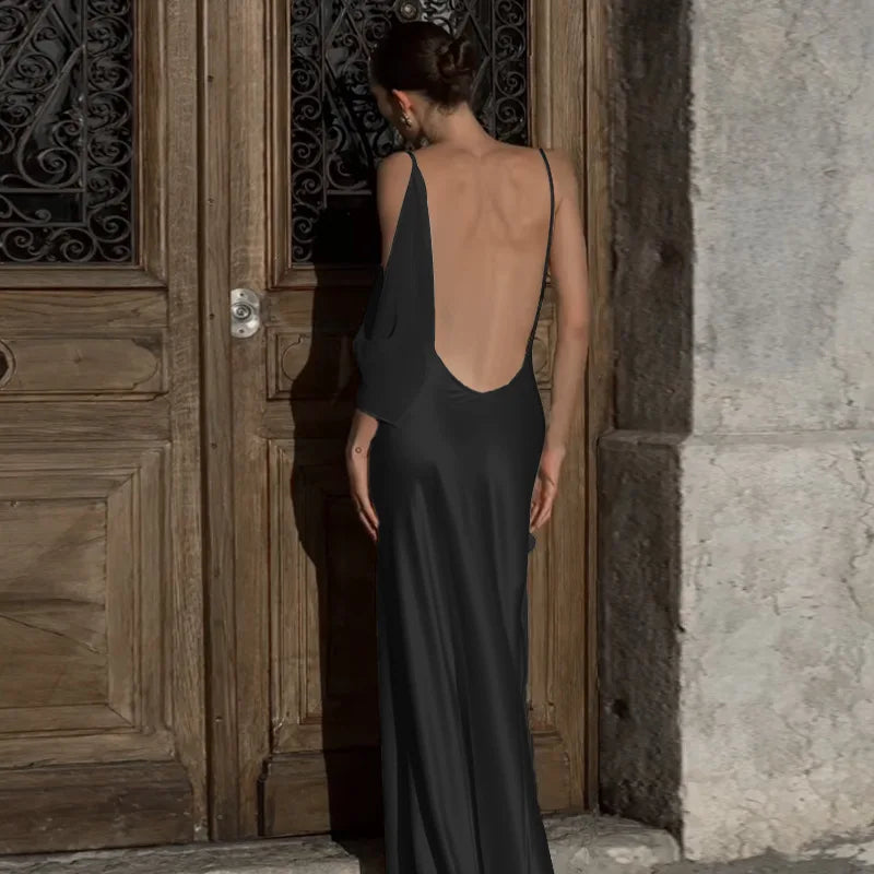 Elegant Dresses- Women's Backless Cowl Satin Trumpet Maxi Dress for Weddings- - Chuzko Women Clothing