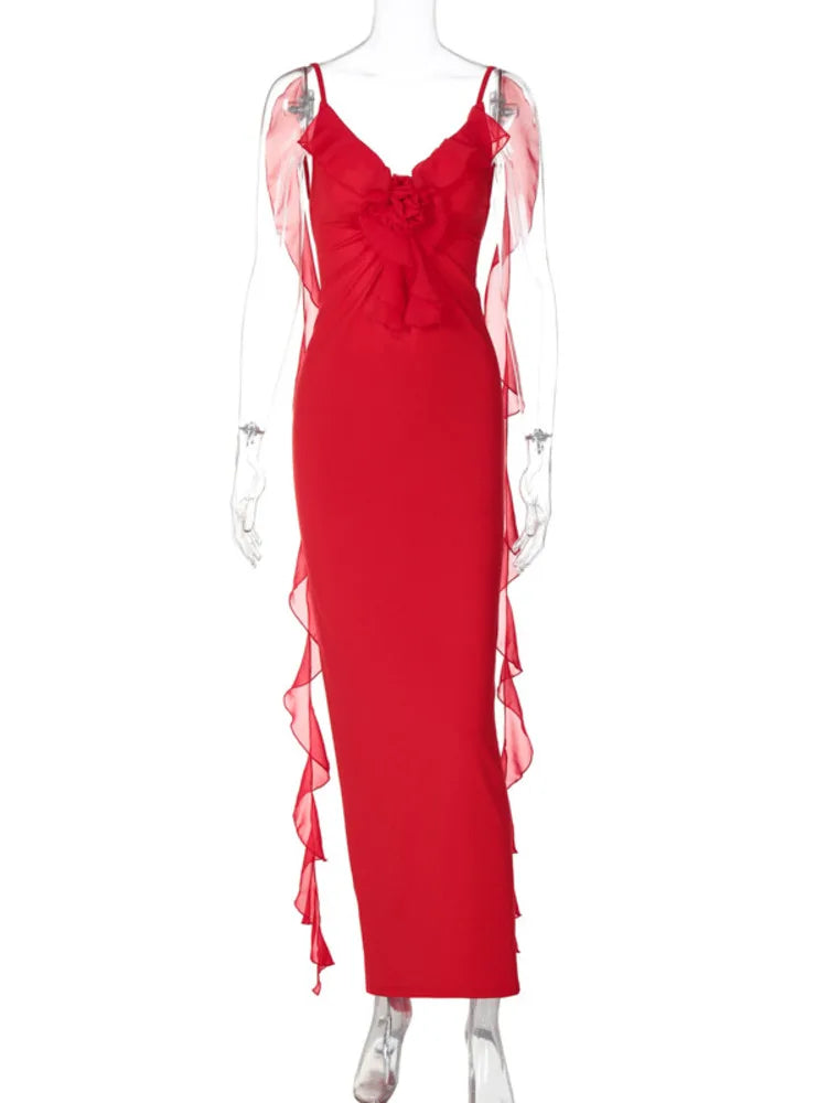 Elegant Dresses- Women's Backless Mermaid Dress in Peach with Flower Embellishment- - Chuzko Women Clothing
