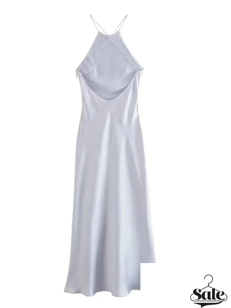 Elegant Dresses- Women's Elegant Backless Halter Slip Midi Dress in Satin- - Chuzko Women Clothing